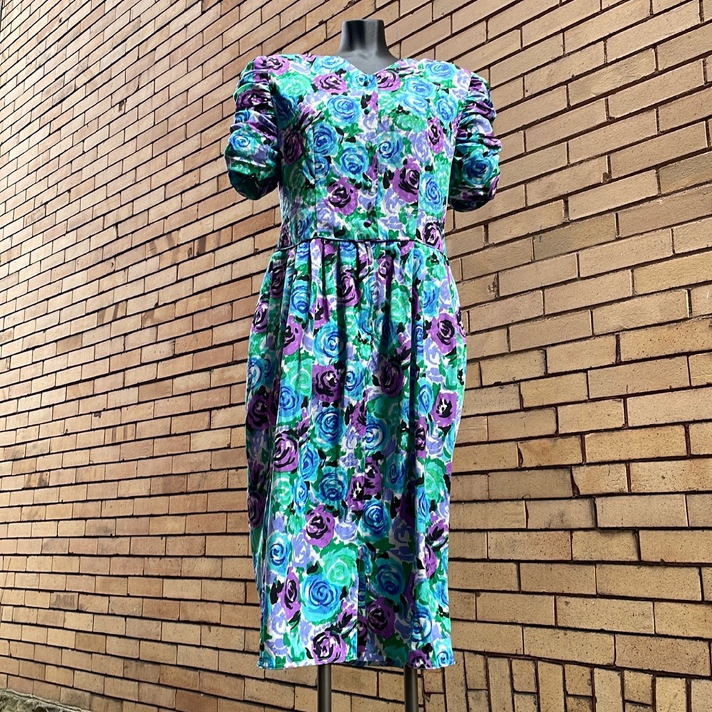Vintage Maggie Boutique blue green satin puff ruched sleeve ruffle dress Size 12